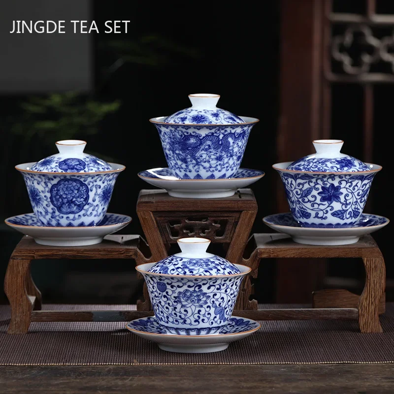 170ml Jingdezhen Ceramic Gaiwan Teacup Handmade Tea Tureen Blue and White Porcelain Tea Bowl Chinese Porcelain Accessories