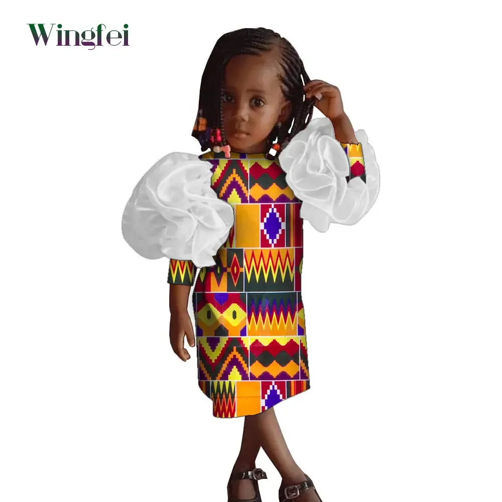 

Африканские платья для детей, модная детская одежда с принтом Анкары, платья для девочек с пышными рукавами, Детская африканская одежда WYT639