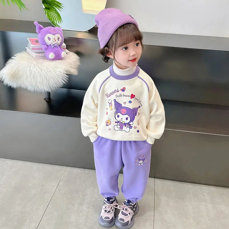 

Sanrio Kuromi Kids Fleece Sweatshirt Suit Anime Figuret Girl Casual Tops Pants Autumn Winter Thicken Warm Children Clothes Cute