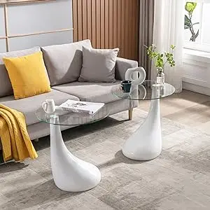 21'' Tall Glass End Table, Round Glass Coffee Table, Side Table with Glass Top for Home and Office
