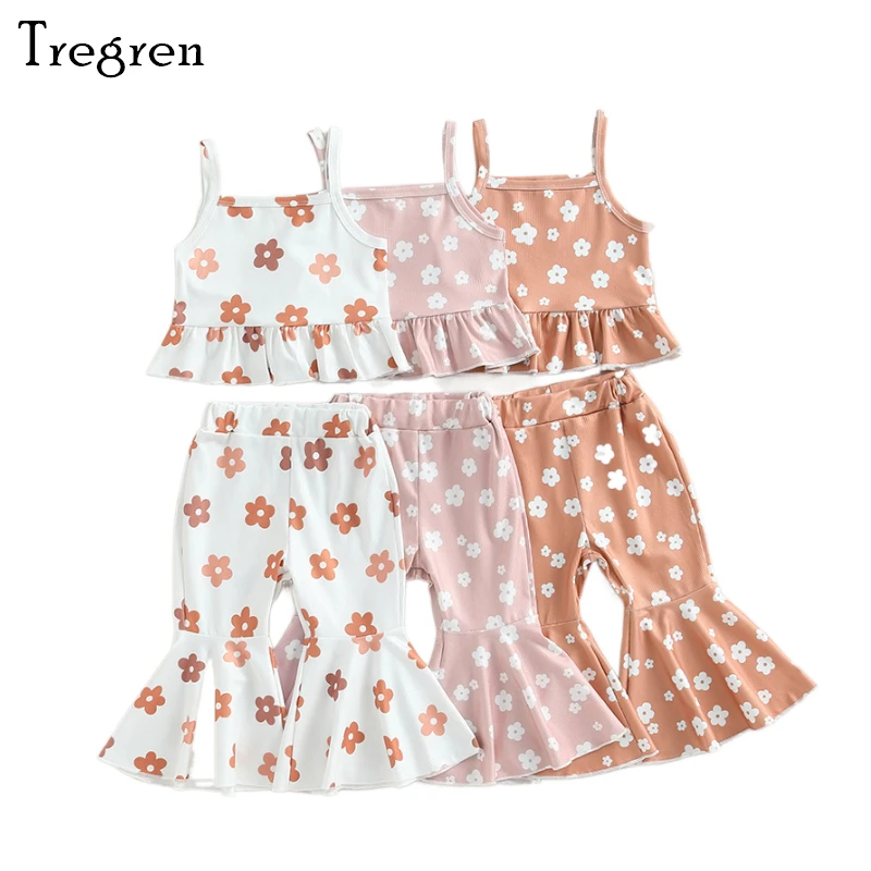 

Tregren Toddler Girls 2pcs Pants Sets Sleeveless Ruffle Cami Vest Tops Floral Flared Trousers Clothes Sets Summer Fashion Outfit