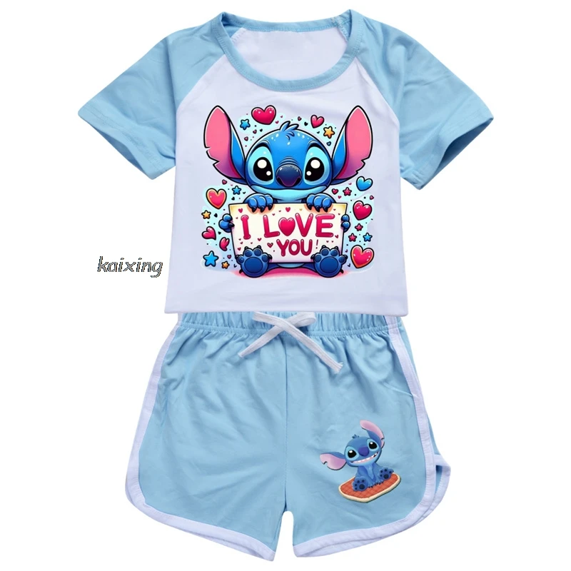 New Lilo And Stitch Girls Boys Clothing Set Kids Sports T shirt+Shorts Set Children Clothing Casual Comfort outfits Pyjamas Gift 2