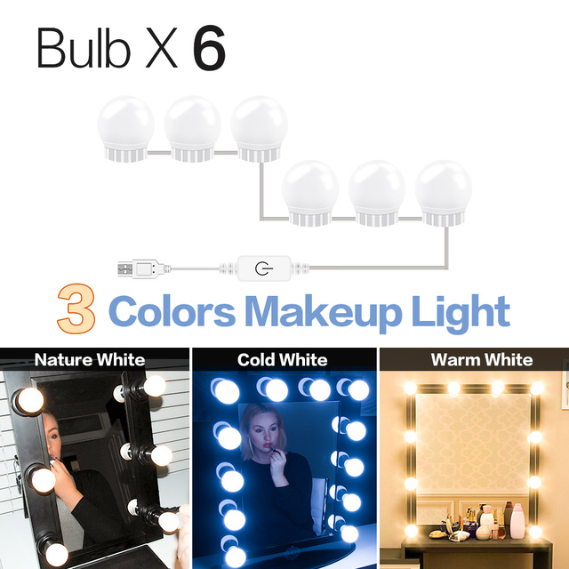 3 Modes Colors Makeup Mirror Light Led Touch Dimming Vanity Dressing Table Lamp Bulb USB Hollywood Make Up Mirror Wall Lamp