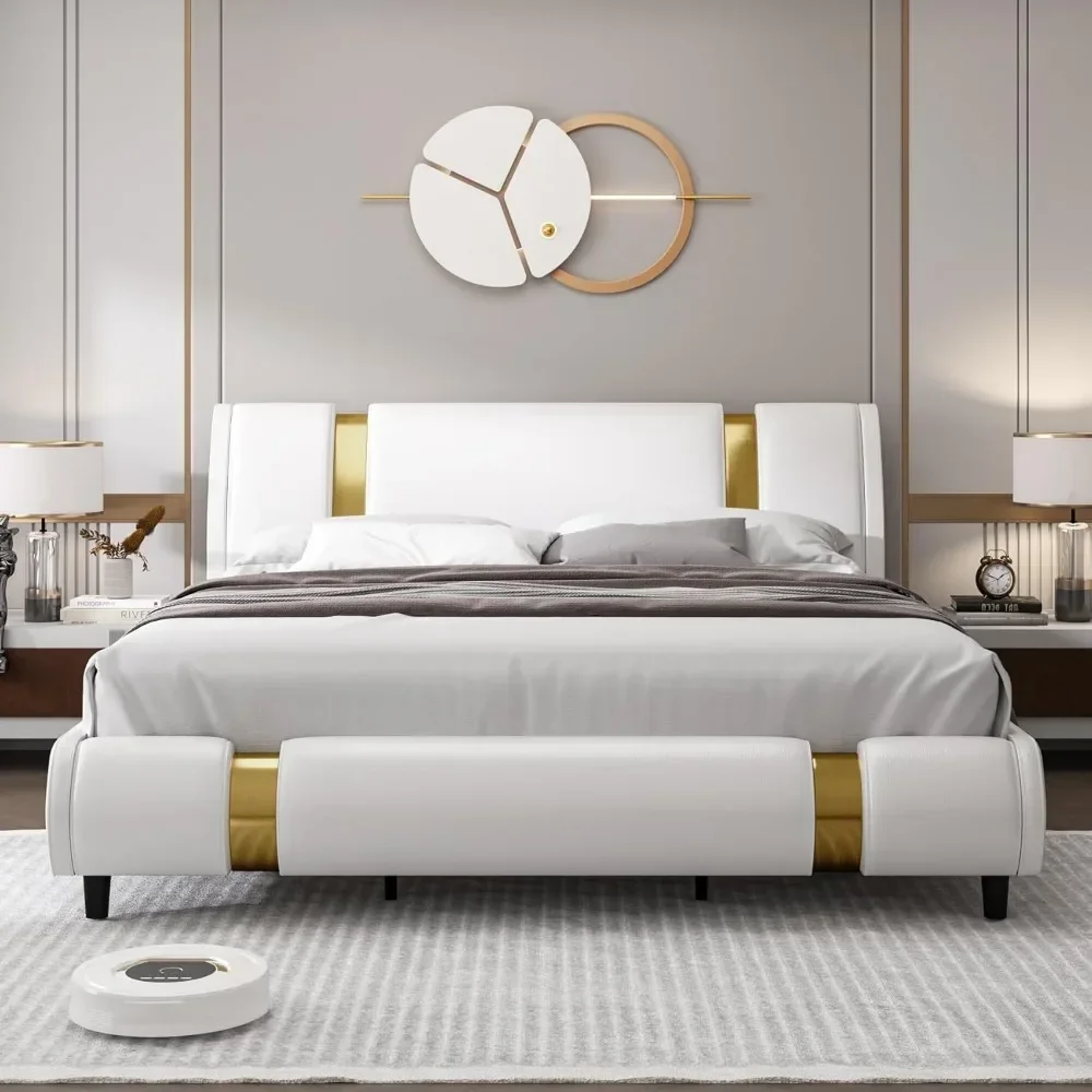 Modern Faux Leather Upholstered Platform Bed Frame with Golden Iron Metal Decor, No Box Spring Needed, Queen Size 3