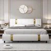 Modern Faux Leather Upholstered Platform Bed Frame with Golden Iron Metal Decor, No Box Spring Needed, Queen Size 3