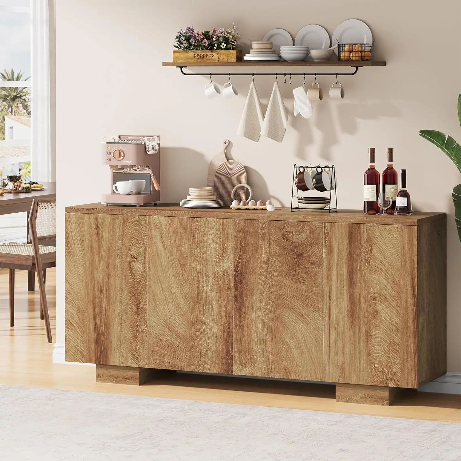 Oak Sideboard Buffet Cabinet with 4 Doors Adjustable Shelves Storage for Living Room Kitchen Hallway, Customized