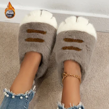 3D Cat Paw Slippers Women's Home Shoes Non Slip Furry Mules Female Fashion Warm Fluffy Slides Outdoor Cat Slippers for Autumn Wi