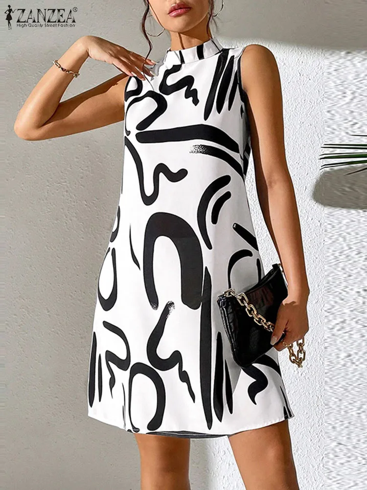 

ZANZEA 2023 Summe Holiday Women Printed Mini Dresses Fashion Stand Collar Vestidos Sleeveless Tank Robe Chic Colorblock Sundress