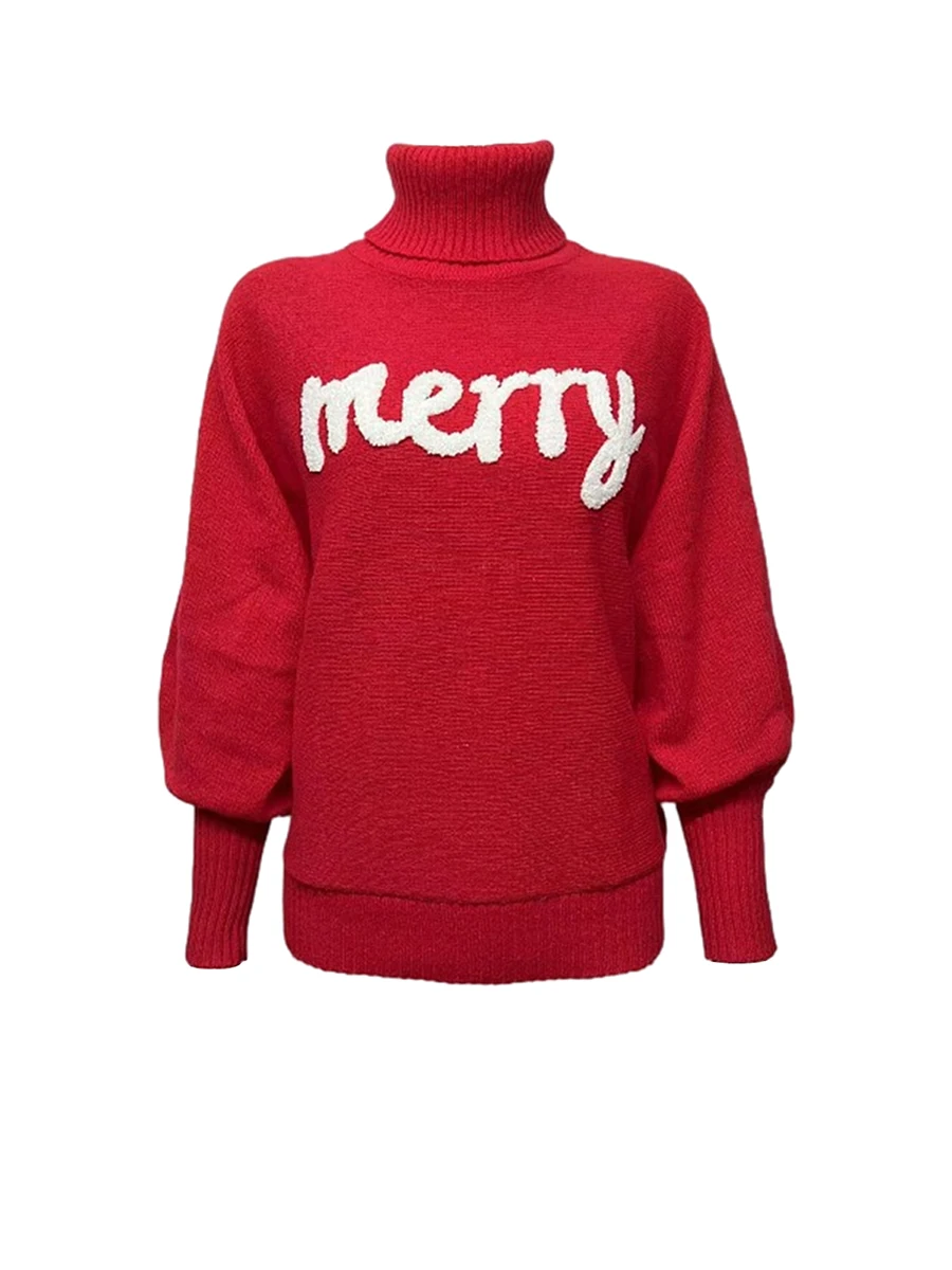 

Valentines Day Sweaters for Women Merry Letter Print Pullover Sweaters Long Sleeve Turtleneck Knit Jumper