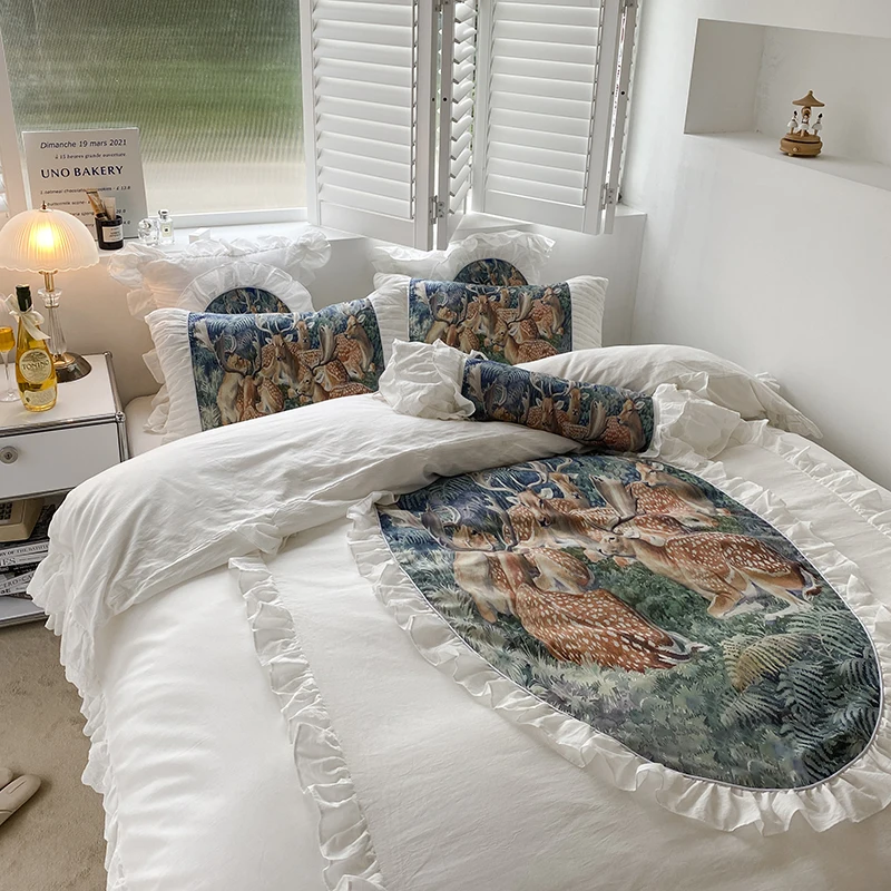 

French Style Sika Deer Print Bedding Set Luxury 100% Cotton White Ruffles Princess Duvet Cover Bed Skirt Bedspread Pillowcases
