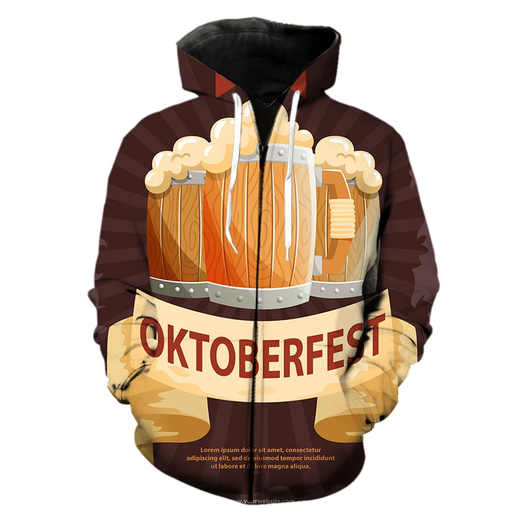 

Cartoon Beer Festival Men's Zipper Hoodie Hip Hop Casual Fashion Funny Tops Unisex Oversized 3D Print Long Sleeve Spring Teens