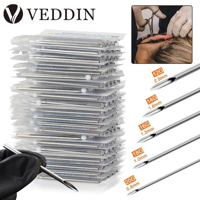 Set of 100 needles for piercings in your choice of gauge