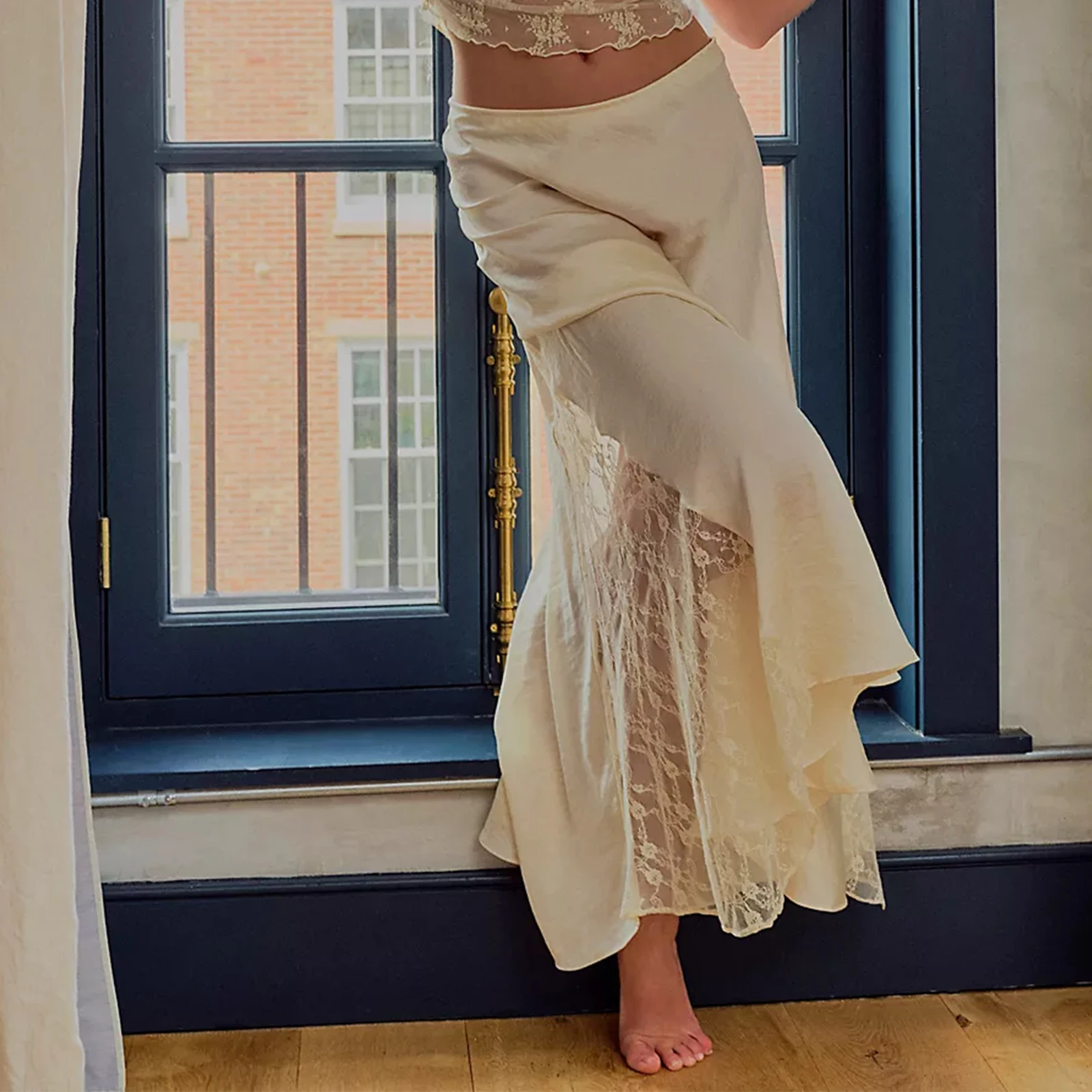 

Женская юбка миди с заниженной талией, кружевная атласная юбка в стиле пэчворк с кружевными цветами, Винтажная летняя юбка