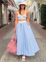 Oymimi Fashion Blue Print Sets For Women 2 Pieces Autumn Spaghetti Strap Lace Bra And High Waisted Loose Pleated Skirts Sets - Image 3
