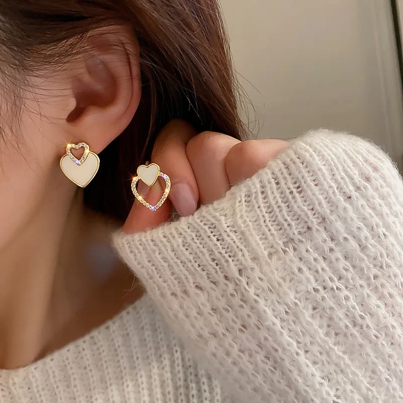 Orecchini pendenti a forma di cuore di nuova moda per le donne, smalto bianco, doppio cuore, gioielli coreani, orecchini femminili, regalo per ragazze  36