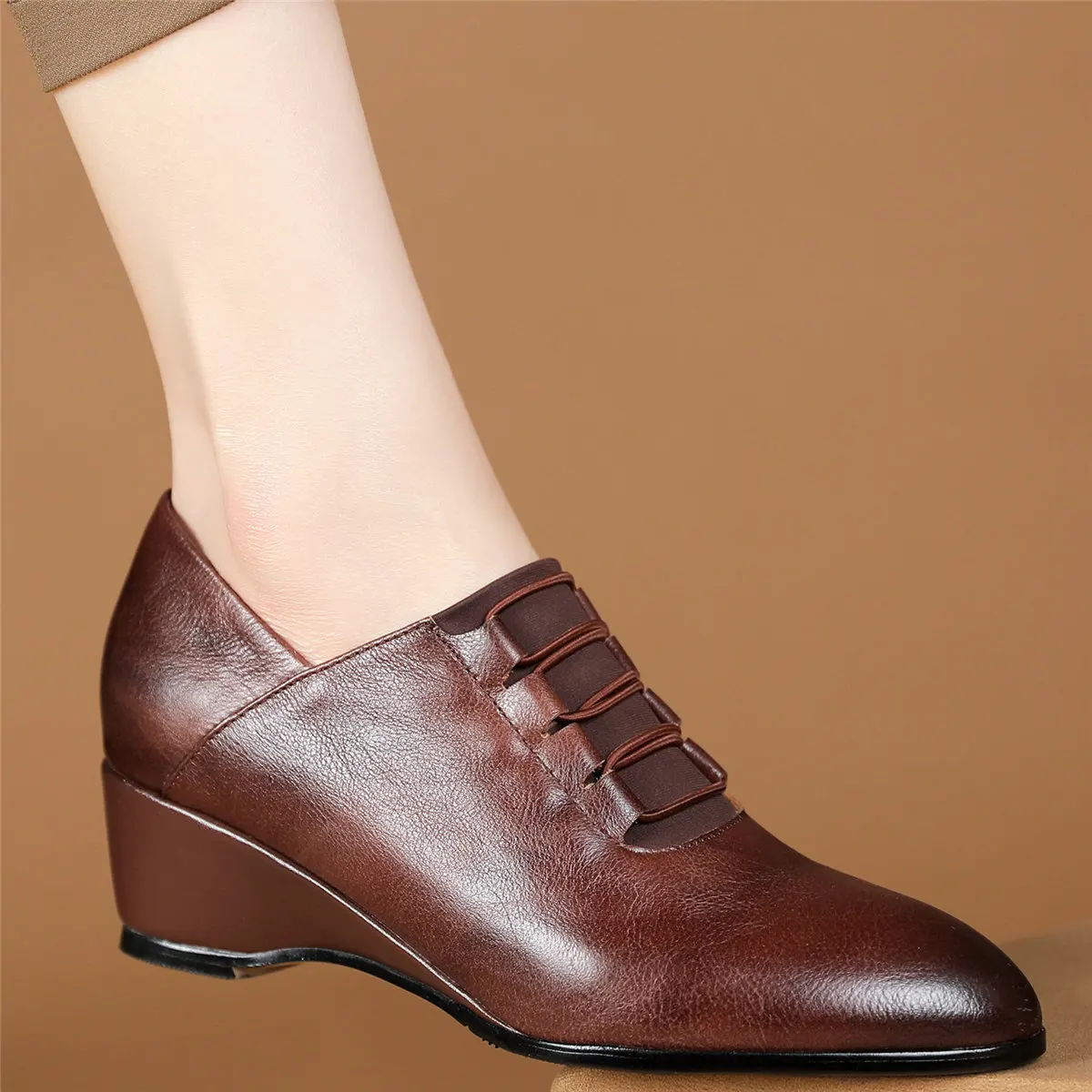 

Wedges Oxfords Shoes Women Genuine Leather Med Heels Platform Pumps Female Elastic Band Round Toe Fashion Sneakers Casual Shoes