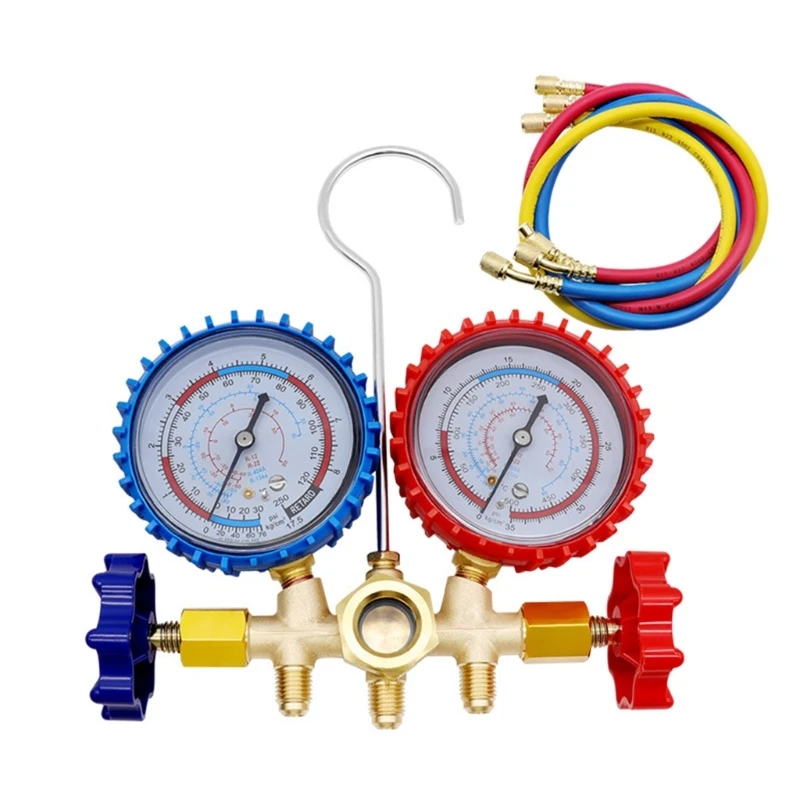 

Manifold Gauge Set for HVAC Refrigeration Charging Service with Hoses Adjustable Coupler Adapter Can Tap R22 R134A R404A