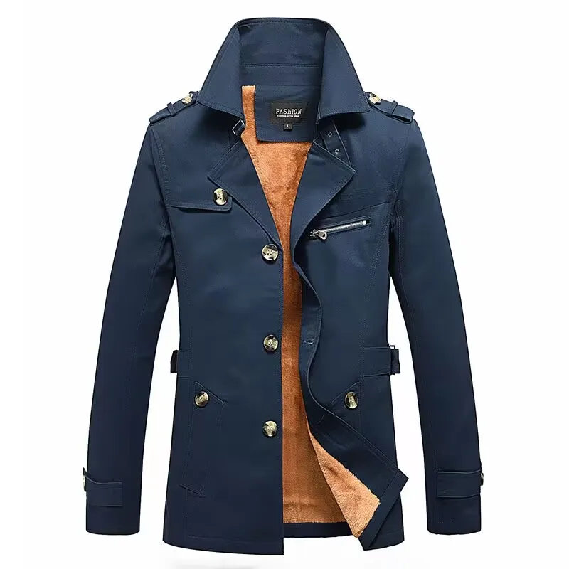 Men Winter Jackets Business Casual Cotton Turn-Down Collar Windbreaker Trench Coat
