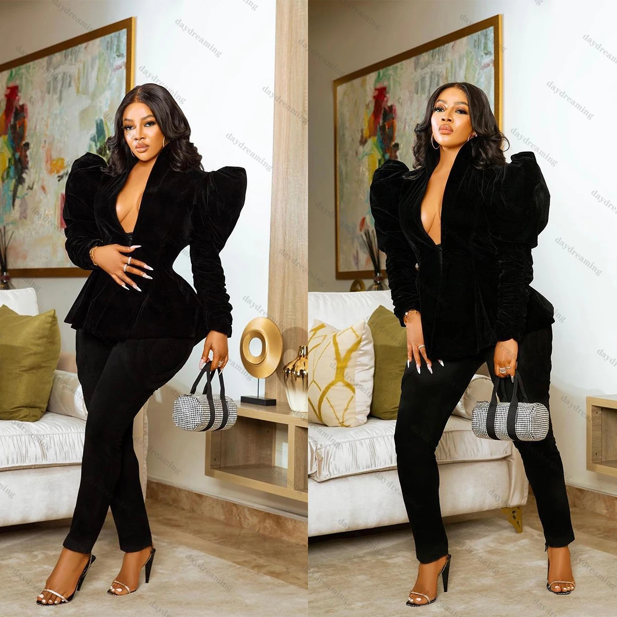 

Black Velvet Women 2 Pieces Jacket Sexy Plus Size Deep V Neck Blazer Pencil Pants Africa Daily Dresses