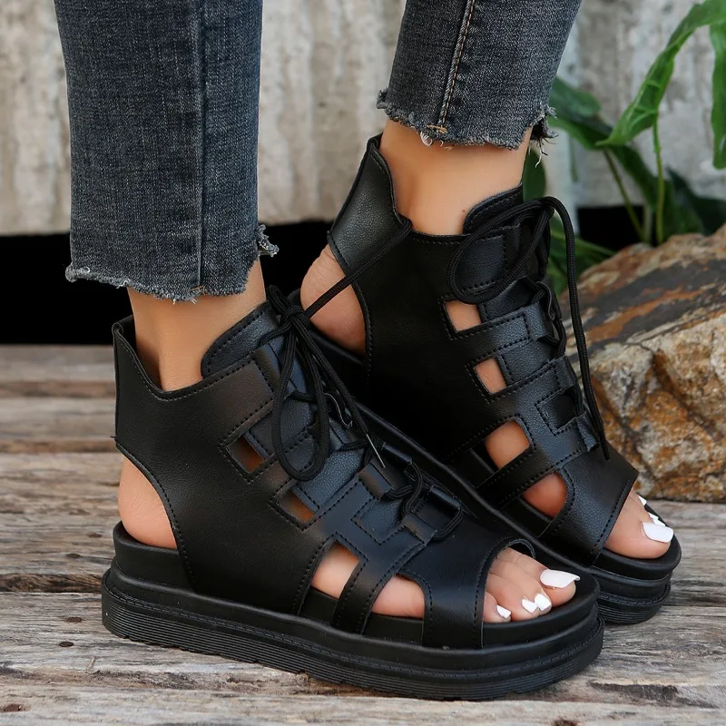 Wedge Heel Thick-Soled Roman Shoes Leather Sandals Summer New Fish Mouth Peep Toe Shoes Women's Sandals