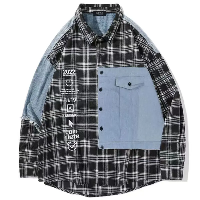 New Spring and Autumn Season Men's Extra Large Shirt Coat Trendy Fashion Cotton Denim Panel Long Sleeve Plaid Personalized Comf summer fashion new personalized plaid tube top pure leisure slimming high waist wide leg pants suit women s clothing