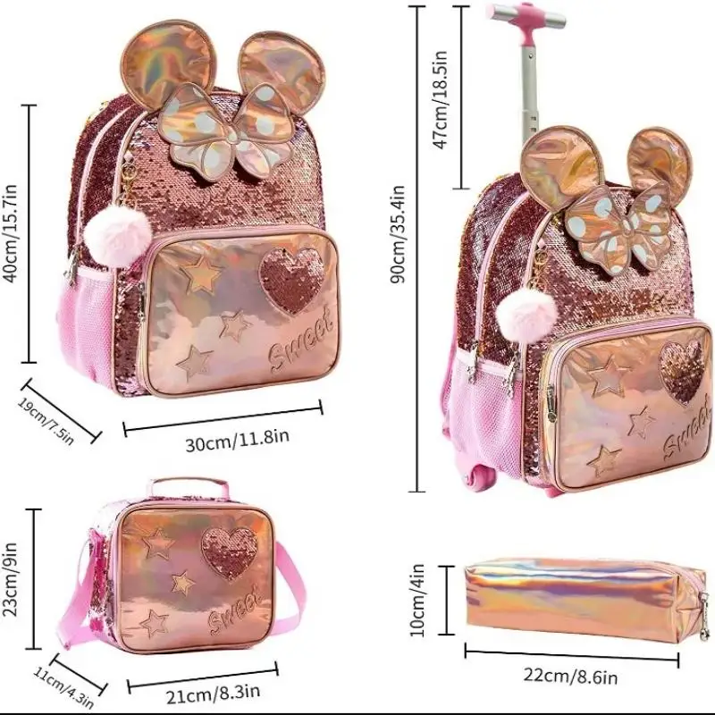 16 inch School Rolling Backpack with Lunch Box and Pen Bag Children's Travel Suitcase Wheeled Backpack for Girls