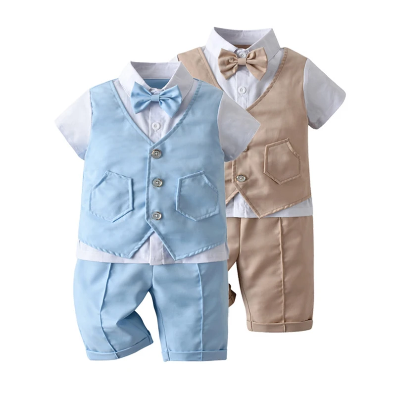 Baby Boy Gentleman Suit Short Sleeve Top With Bow Tie + Pant 2pcs