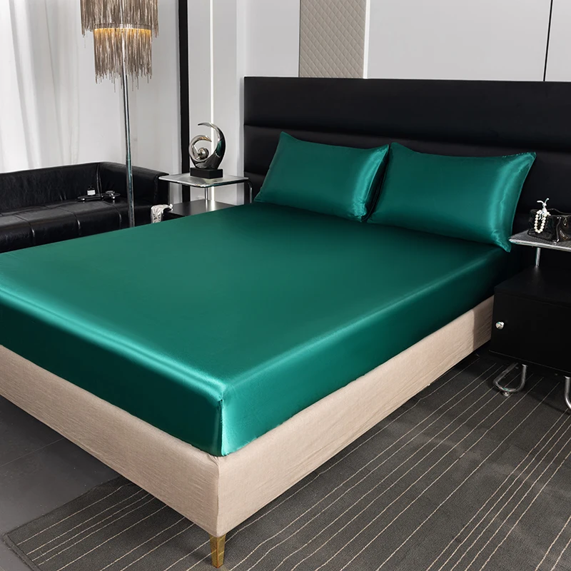 Satin Fitted Sheet High-End Mattress Cover Full Queen Size With Elastic Band Bedsheet Solid Color Fitsheet