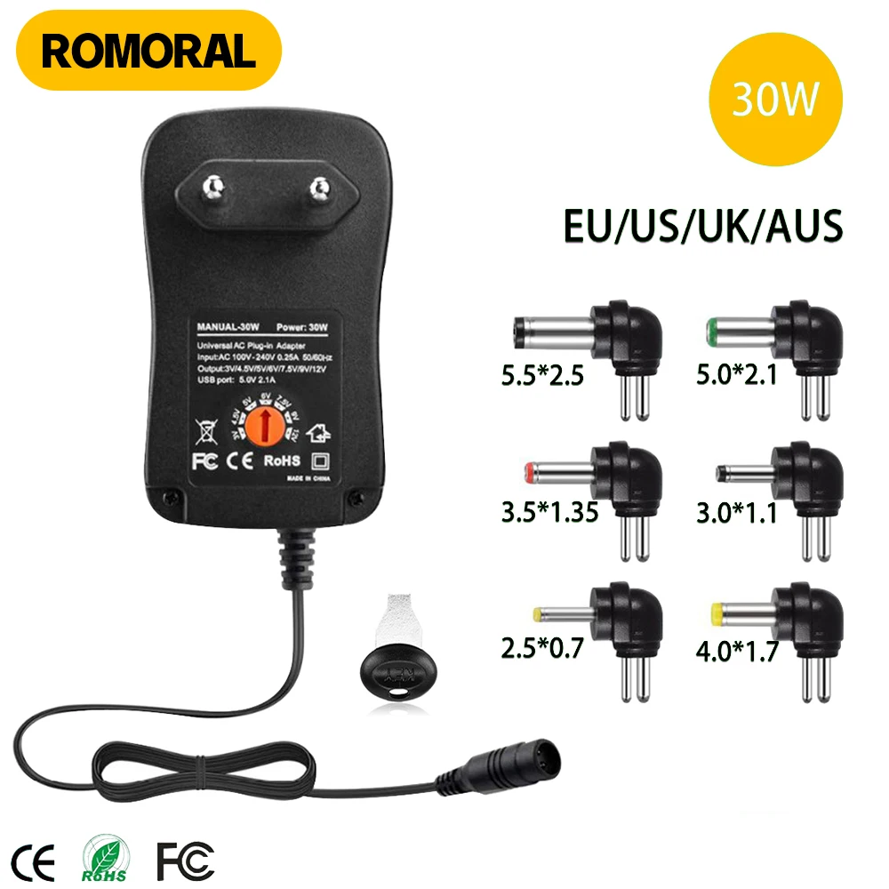 

30W Universal Adjustable Power Adapter Charger AC To DC Plug 3V 4.5V 5V 6V 7.5V 9V 12V 2A 2.5A 2500mA Reverse polarity