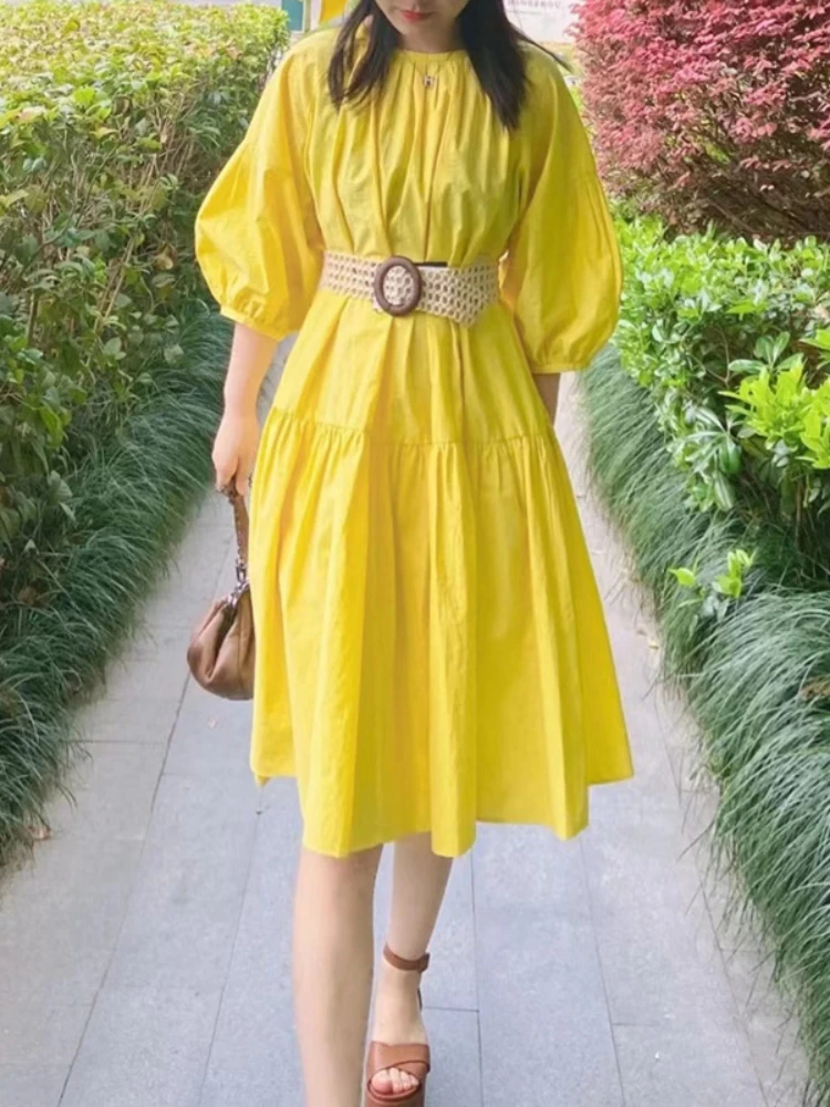 Women Dress 2022 Summer New Lemon Yellow Solid Color Half sleeve Round