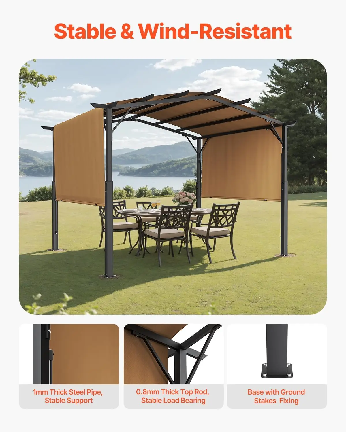 10 x 10 ft Outdoor Pergola, Arched Top Metal Pergola, Retractable Pergola with Sun Shade Canopy, Large Patio Shelter Pavilion