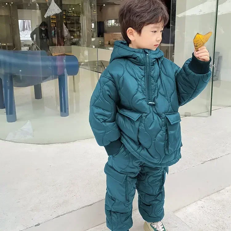 Childrens Winter Clothing Boys Cotton Suit Baby Winter Cotton Jacket Plush and Thickened Two-piece Set