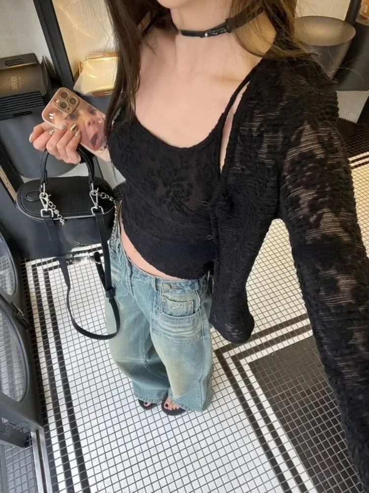 Y2k Aesthetic Lace Jacquard Women's Cardigan + Black Tank Top Harajuku Vintage 2set Japanese Grunge Fashion Pull Femme Mujer 6