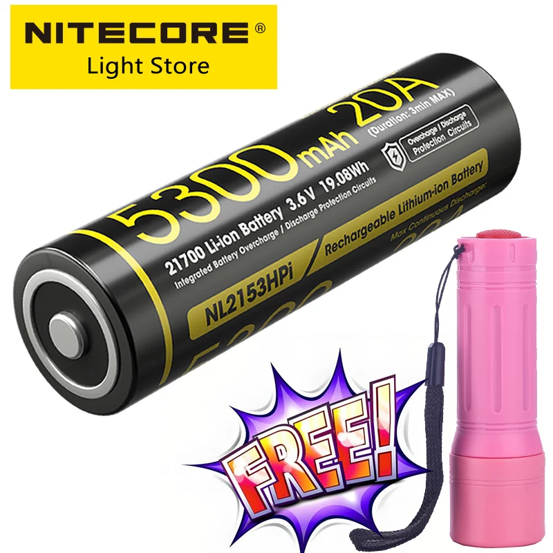 

Original NITECORE NL2153HPi 21700 i Series Battery 5300mAh 20A 3.6V High Drain Unlimited Energy Battery With Free Flashlight