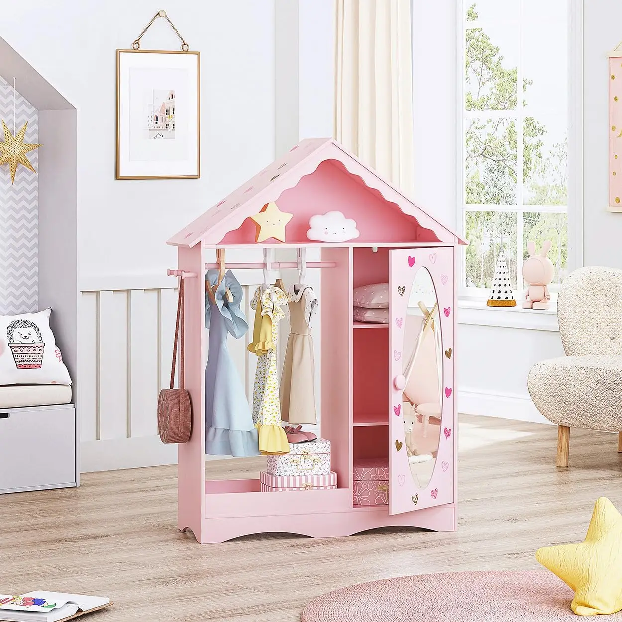 UTEX Kids Dress Up Storage with Mirror, Kids Wardrobe Closet, Dress Up Armoire for Little Girls, Open Hanging Costume Organ