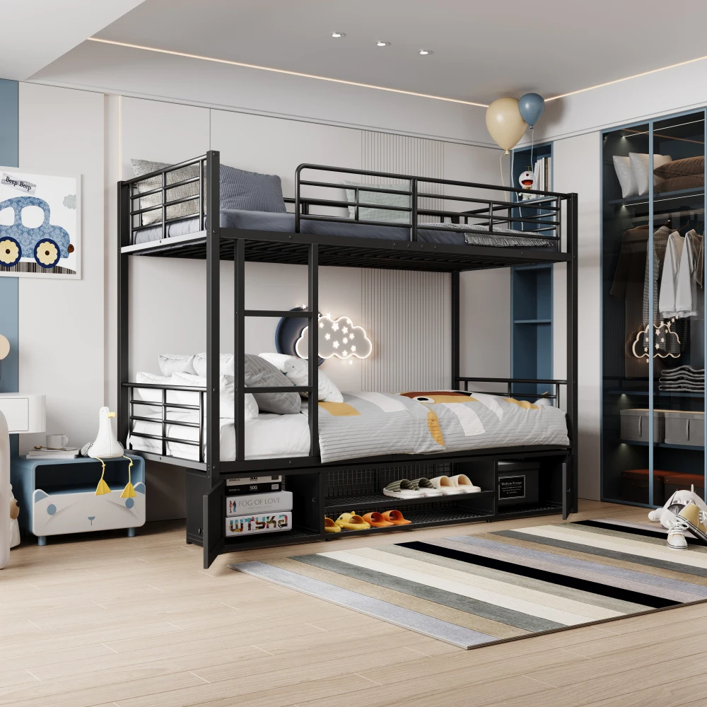 90 x 200 cm großes Bett mit Eisenrahmen, Schuhschrank, kleiner Aufbewahrungsschrank mit Doppeltür, Kinder-Etagenbett mit Seitenleiter und Fallschirmgitter – Detail 30