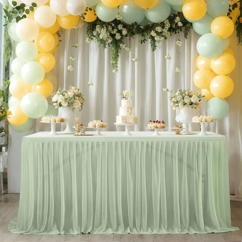 Glitter Pearl Chiffon Guaze Ruffle Dining Table Skirt Thin 6FT Gauze Wedding Table Curtain Reusable Tablecloths