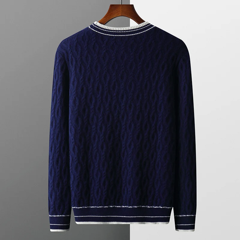 Autumn and winter men's O-neck sweater black and white stripes contrast thick sweater 100% wool sweater knit bottoming shirt 6