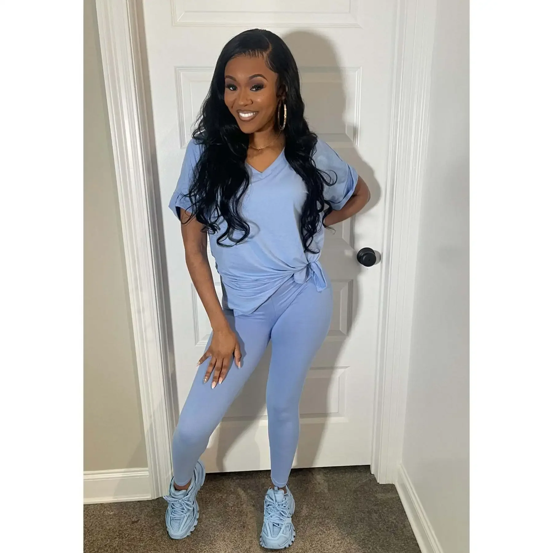 Solid V Neck Casual Loose Long Pant Set 2024 Summer 2 Two Pcs Sets Casual Tracksuits Street Outfits -- Color : Ivory - Size : XL