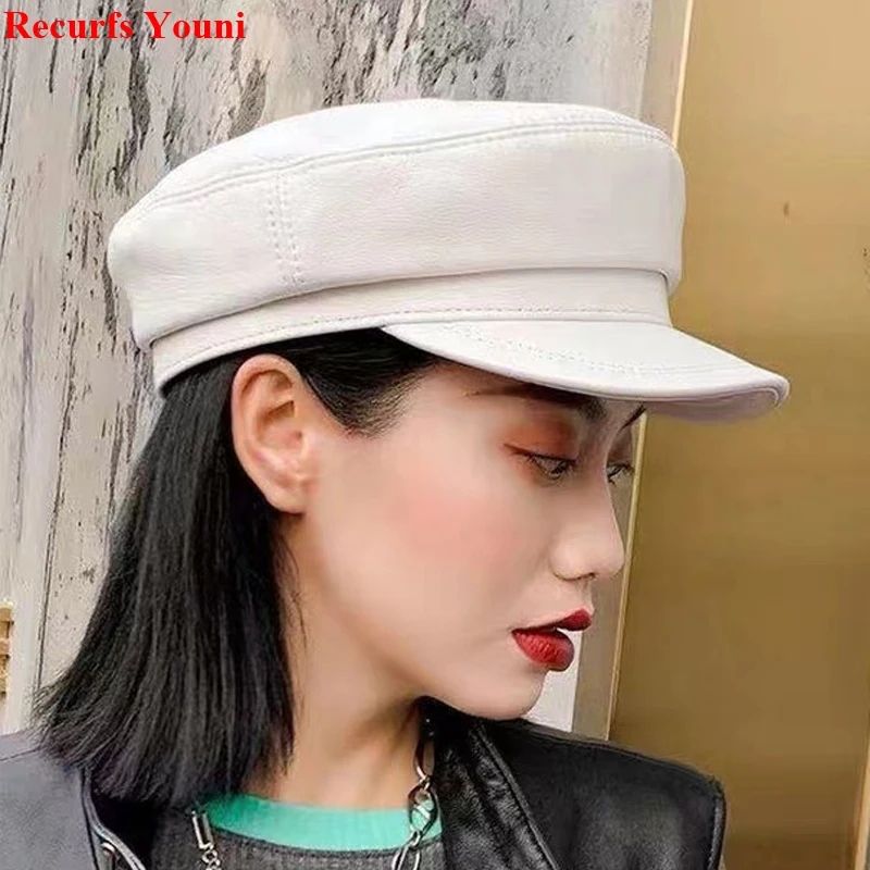 

Leather Women Hat White Hat For Women Men's Casual Flat Top Genuine Sheepskin Gorras Korean Simplicity Short Brim Student Caps