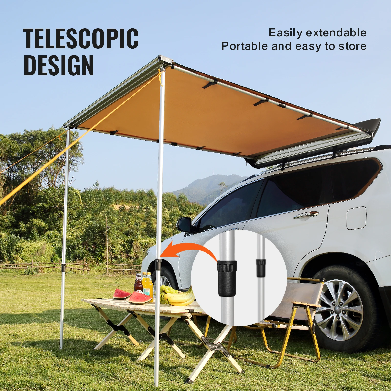 Sunshade Window Awning VEVOR Car Side Awning 4.6"x6.6" Shade Coverage PU3000mm UV50+ Retractable for Truck/SUV/Van/Campers