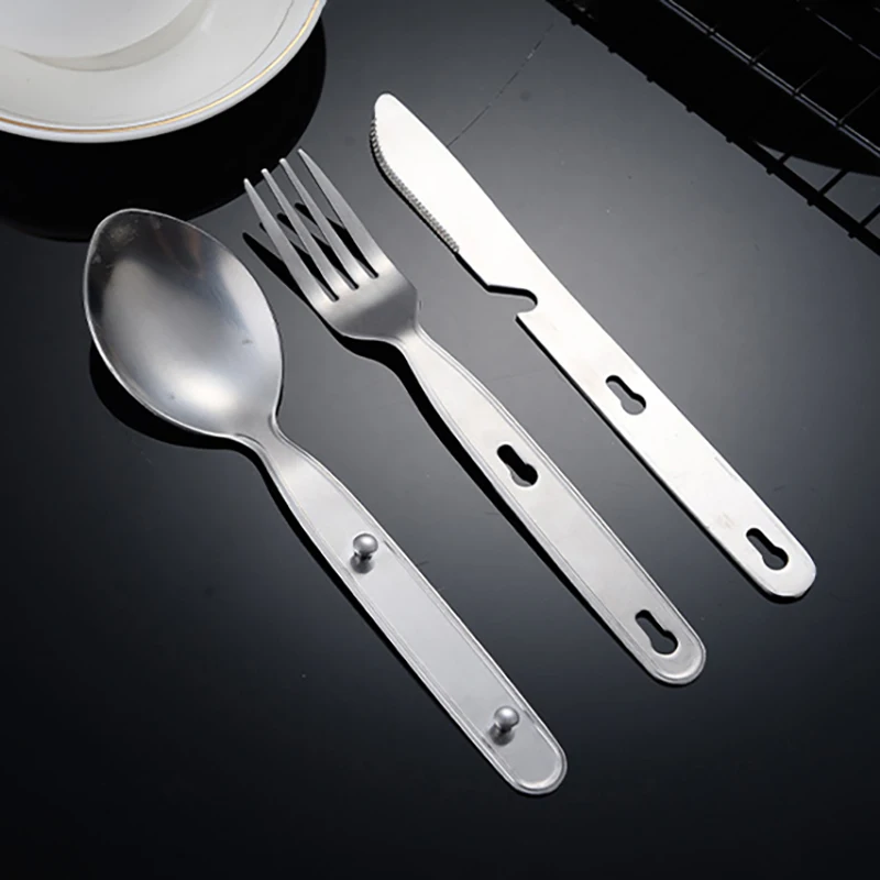 3Pcs Portable Stainless Steel Tableware Fold Knife Fork Spoon Utensil Set Travel Outdoor Dinnerware Camping Cooking Flatware