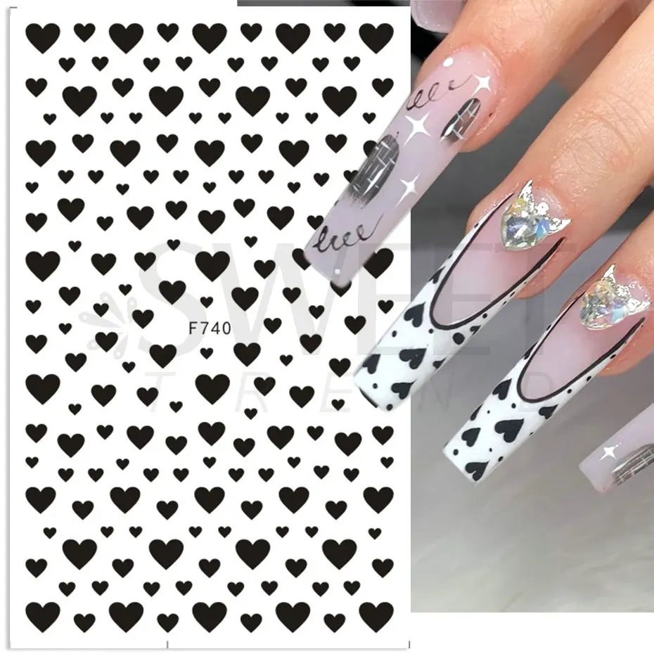 3D Nail Stickers Black Heart Love Valentine Cute Cartoon Couple Letter Self Adhesive Wrap Slider DIY Manicure Accessories BEF740