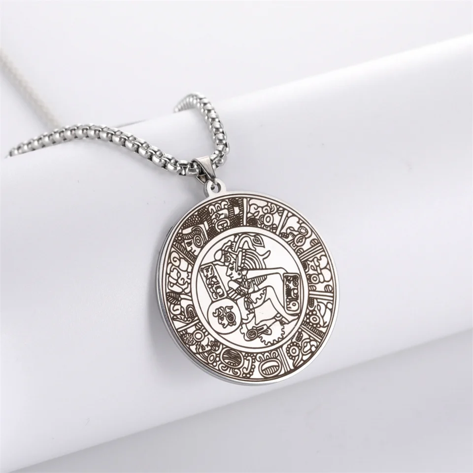 EUEAVAN Mayan Circle Mexican Hieroglyph Maya Pendant Necklace Inspiration  Talisman Stainless Steel Box Chain Vintage Jewelry - AliExpress, image size:960x960