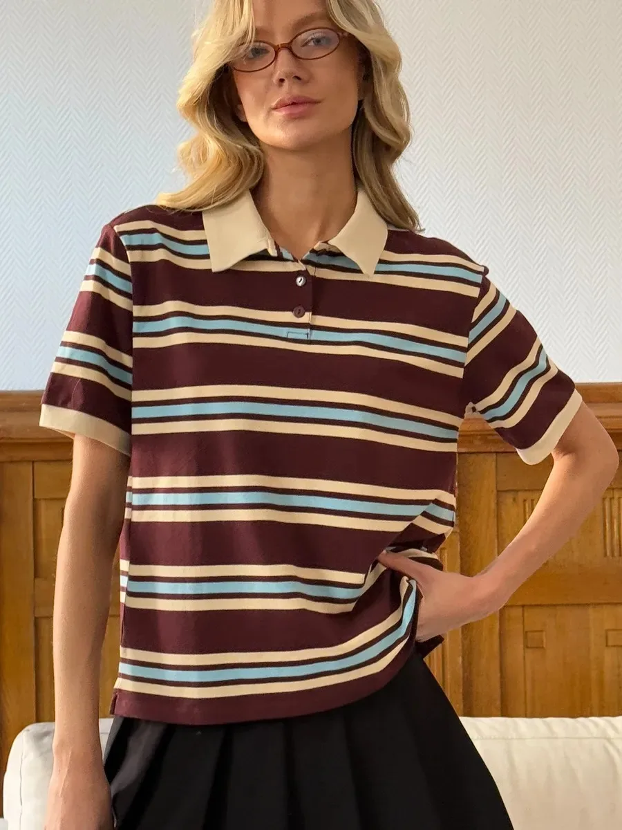 Bornladies Summer New Women's Retro Striped Polo T-Shirt Short Sleeve Tees Fahsion Ladies Casual Knitted Shirt Loose Top