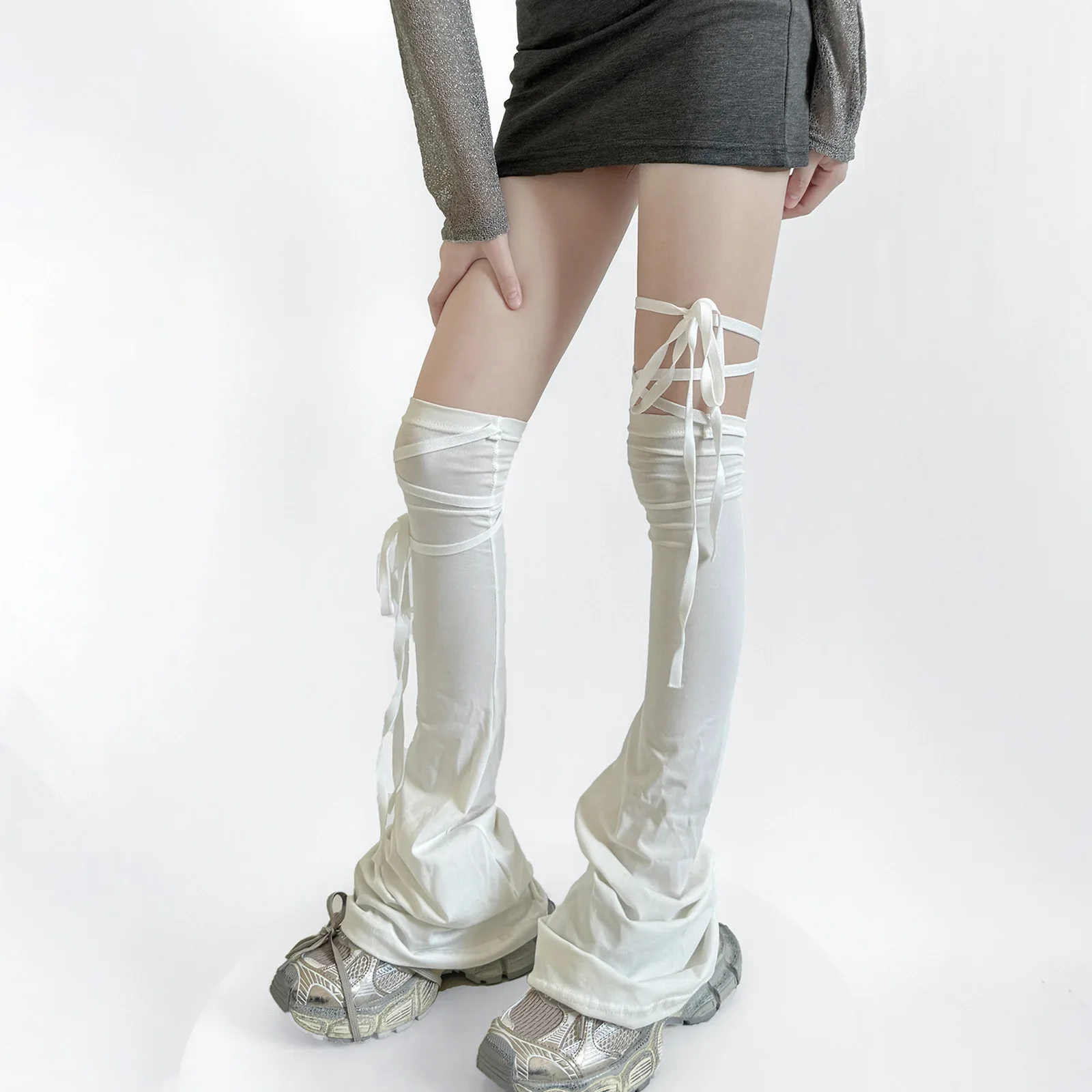 Y2k Women Leg Warmer Soft Solid Color Over The Knee Tie-up Thigh-high Leg Warmers Socks for Party Street