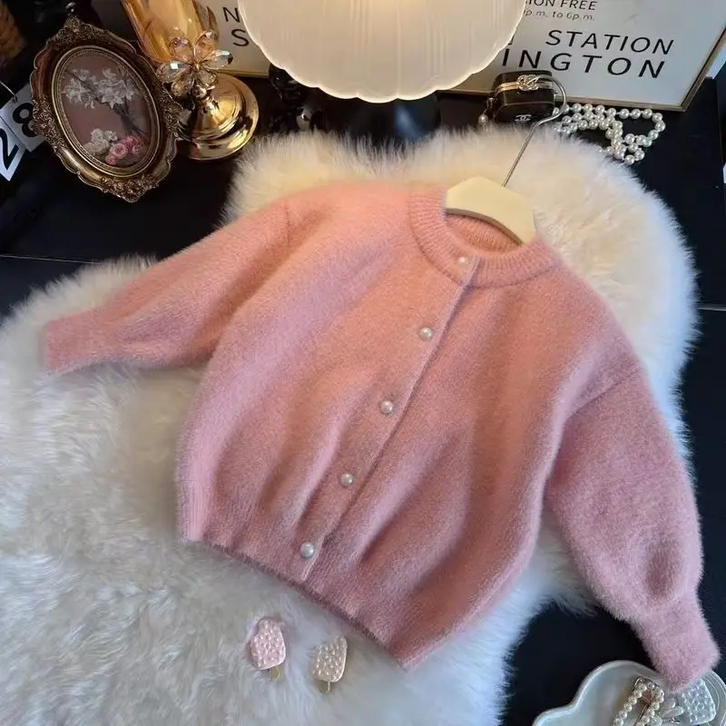 2025 가을 밍크 퍼 스웨터 가디건 새로운 디자인 루즈핏 스웨터 레이지 니트 숏 재킷 탑 캐주얼 120-160CM