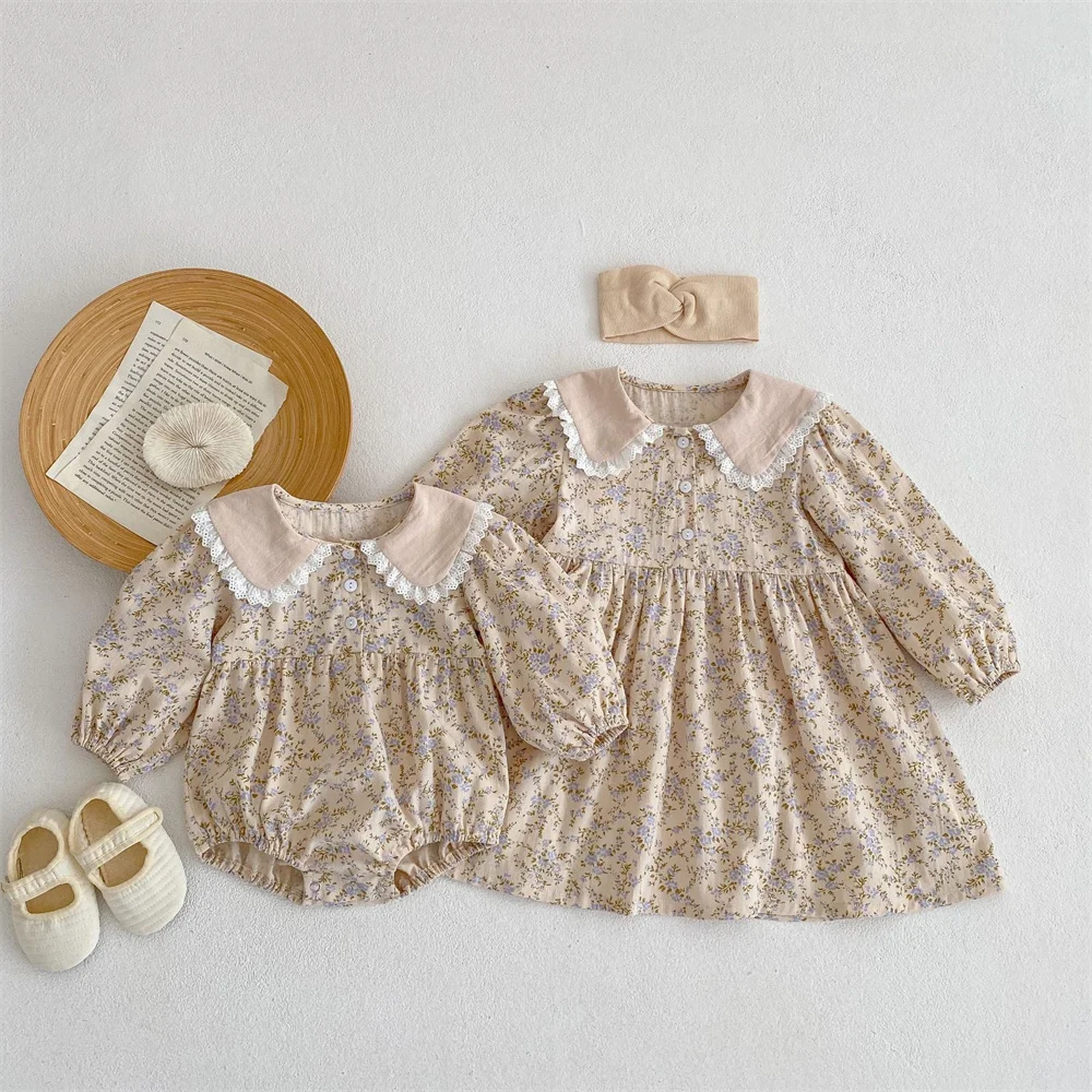 

Autumn Winter Baby Clothes Petal Lace Collar Girl's Flower Romper Big Sister Dress 1-6Yrs Children Ruffled Dresses Sister Outfit