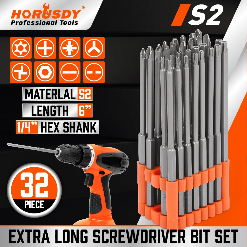 HORUSDY 32Pc Extra Long Screwdriver Bit Set Hex Torx Key Drill Phillips Slot Combination