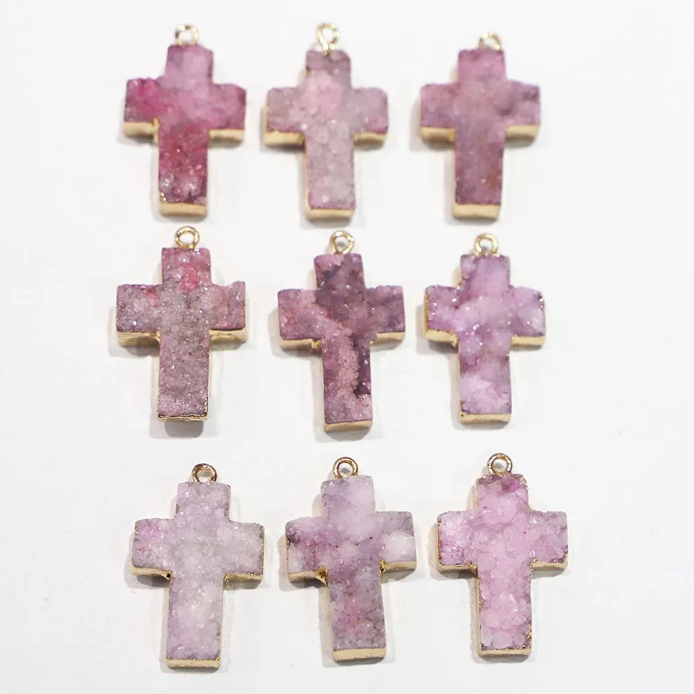 Natural Stone Pink Agates Druzy Cross Necklace Pendants Unisex Charms DIY Fashion Making Jewelry Gift Accessories Wholesale 6Pcs